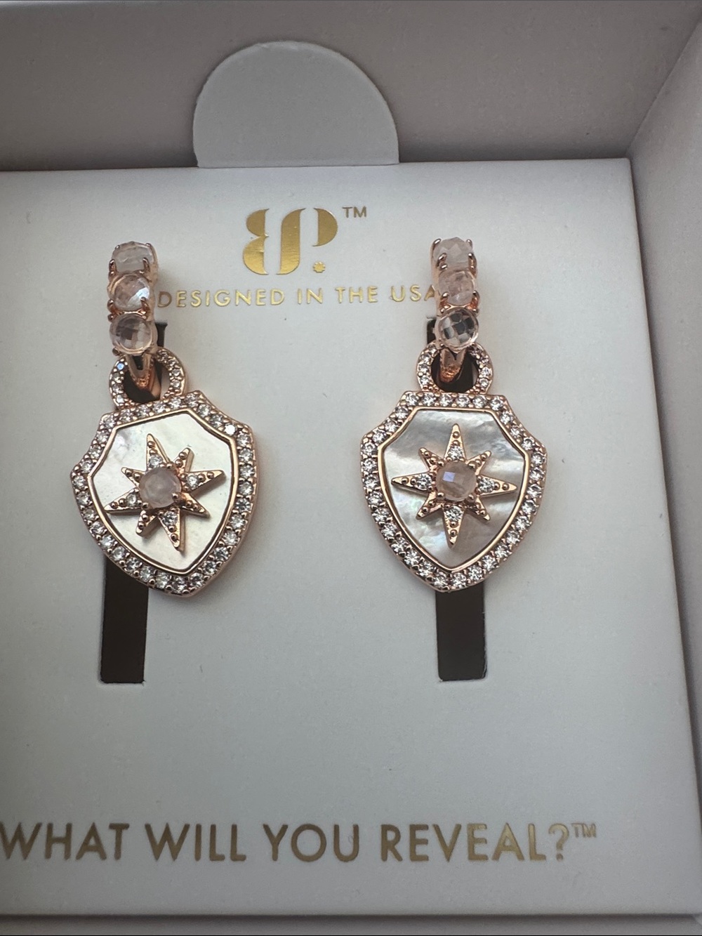 bp Rose Gold-Tone Mother-of-Pearl Shield Drop Earrings with Crystals